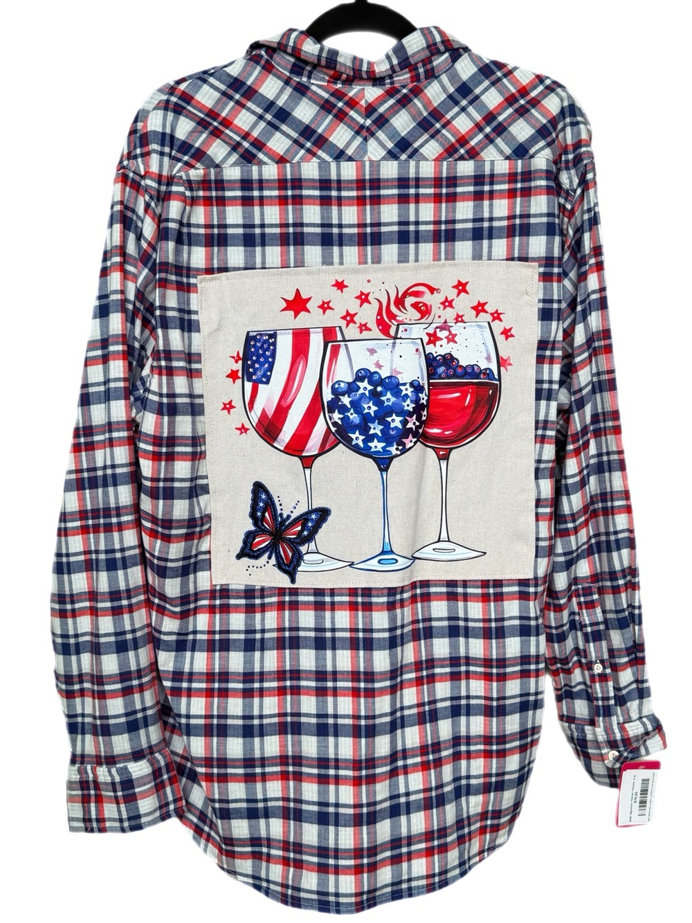 Patriotic Plaid Button‑Down Shirt – Stars & Stripes Wine Glass Patch Upcycled